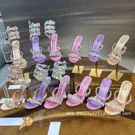 蕞高版水钻花朵高跟凉鞋女细跟宴会婚鞋露趾鞋9.5CM紫色粉色金色