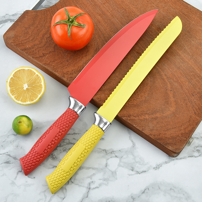 En stock mango de malla al por mayor con soporte de cuchillo acrílico conjunto de seis piezas cuchillo de combinación de acero inoxidable color pintura cuchillo traje