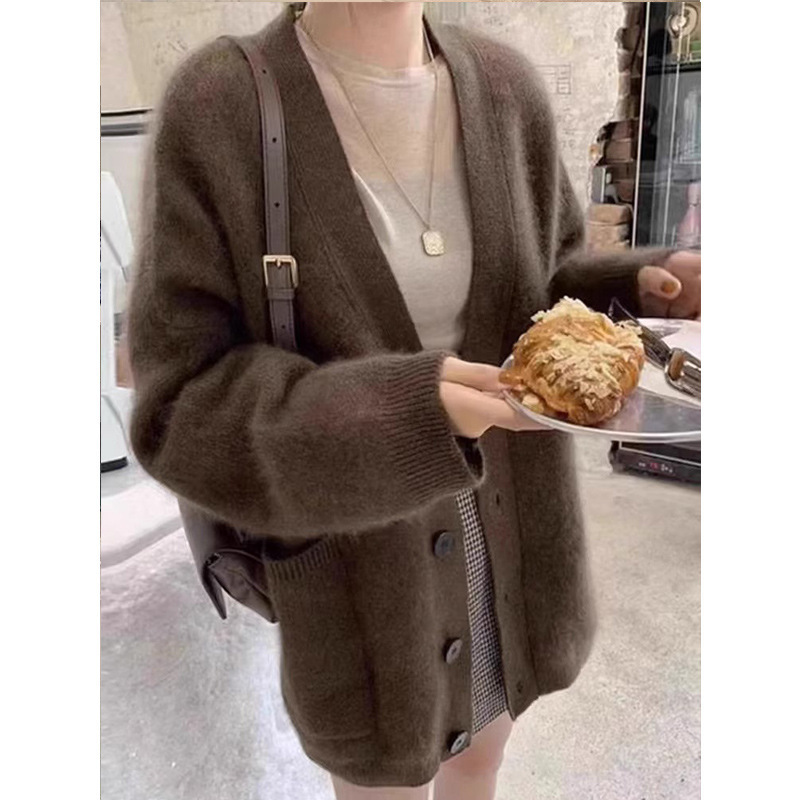 水貂绒毛衣外套女2025秋冬马海毛软糯加厚宽松慵懒风针织开衫上衣|undefined