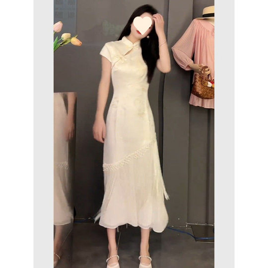 New Chinese Style Cheongsam Dress 2025 New Unique and Beautiful Elegant Classy Off-White Waist Splicing Dress