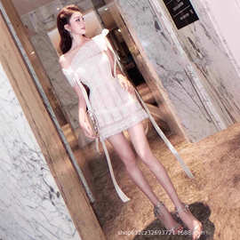 法式小香风蕾丝刺绣斜肩连衣裙女高级感气质名媛富家千金生日裙子