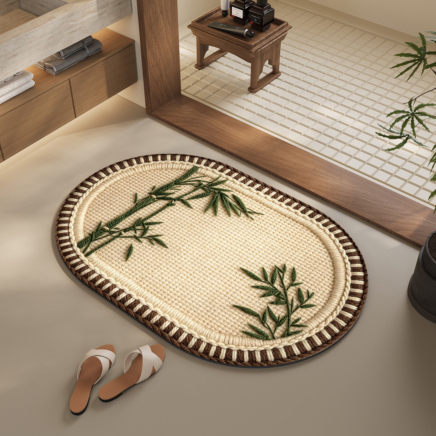 New Chinese-style bamboo diatomite bathroom absorbent non-slip mat, Zen-inspired traditional Chinese-style dirt-resistant mat for bathroom entrance