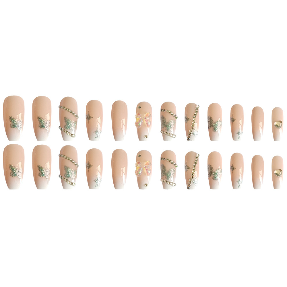 Desnudo perforación gradiente arco manicure polvo brillante mariposa amor cadena de perforación para usar uñas 24 piezas de parche de uñas