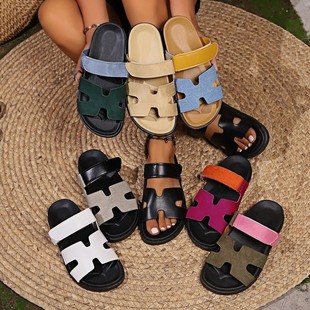 2025 Summer New Thick-Soled Sandals and Slippers for Export Large Size One-Line Velcro Color Matching Outer Wear Casual Versatile Women's Shoes