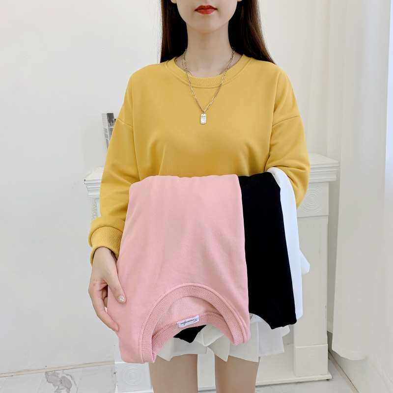 韩版卫衣秋季新款女装纯色薄款圆领毛圈棉外套宽松休闲长袖潮上衣|ru