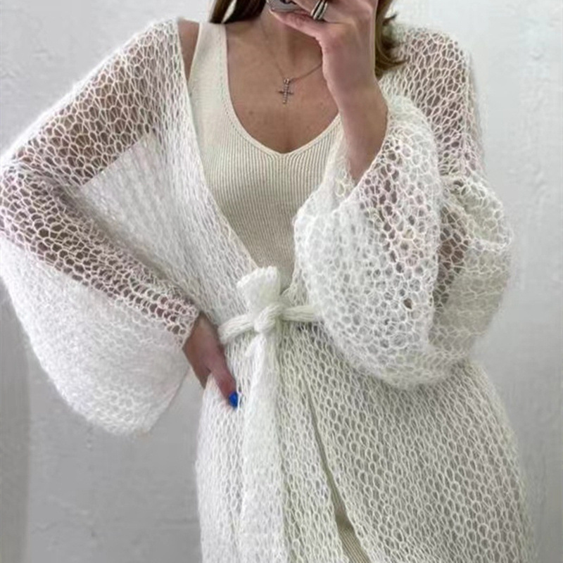 Korean New Style Lazy Style Sun Protection Top Jacket for Women, Loose Long Thin Knit Tie-Up Solid Color Cardigan