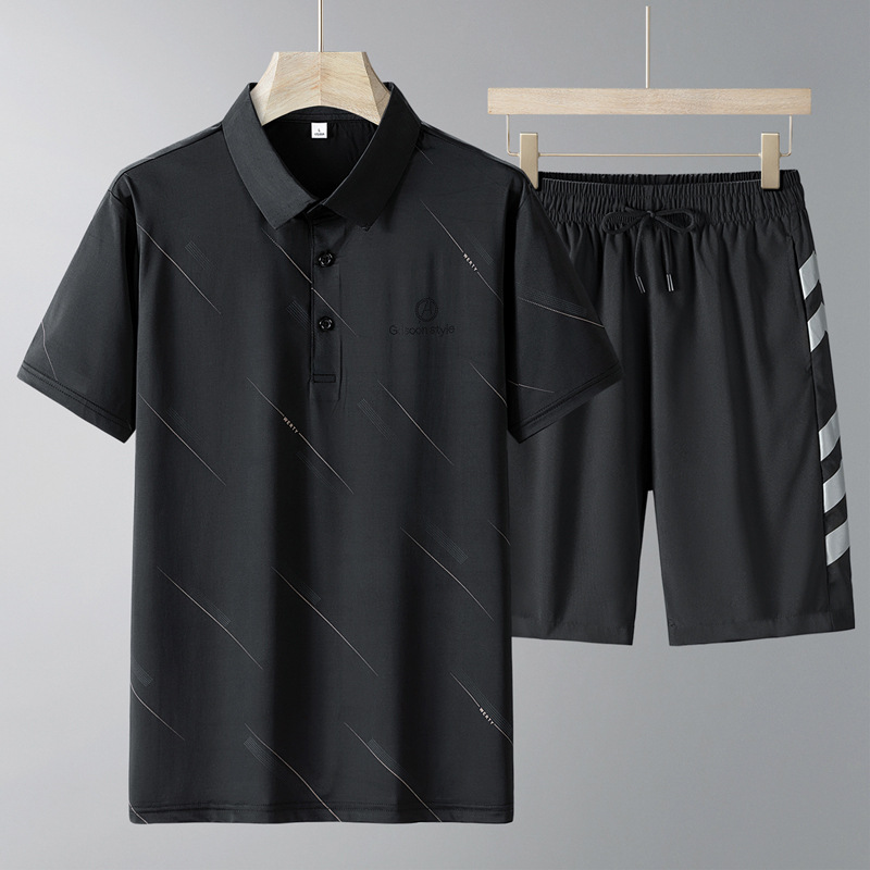 Verano papá traje casual hombre de mediana edad hielo solapa polo camisa hombre mangas cortas pantalones cortos secos rápidos hombre dos piezas set