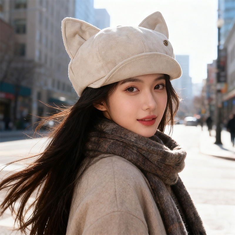 韩版复古麂皮绒猫耳朵帽子女甜美可爱贝雷帽秋冬显脸小画家八角帽|undefined