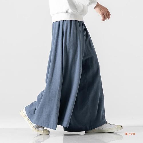 Spring Men's Pants Cotton Linen Casual Loose Large Size Cotton Linen Material Three-quarter Length Pants Chinese Style Retro Wide Leg Pants Skirt Pants