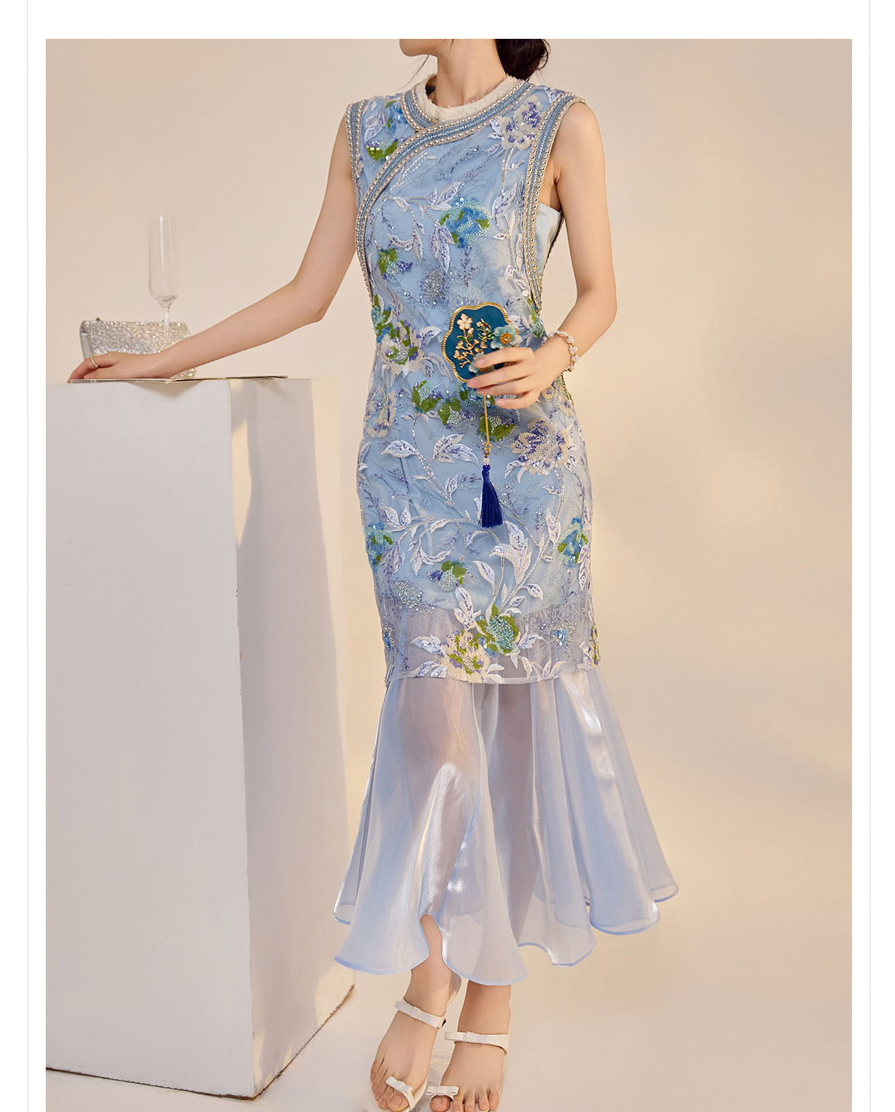 Váy sườn xám maxi thêu sequin phong cách Trung Quốc mới mùa hè N5042 — hồng, Xanh lam sông băng chi tiết 14