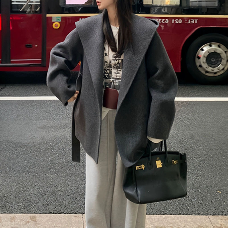 港风双面呢深花灰大衣女冬季小个子短款呢子宽松百搭连帽毛呢外套|undefined