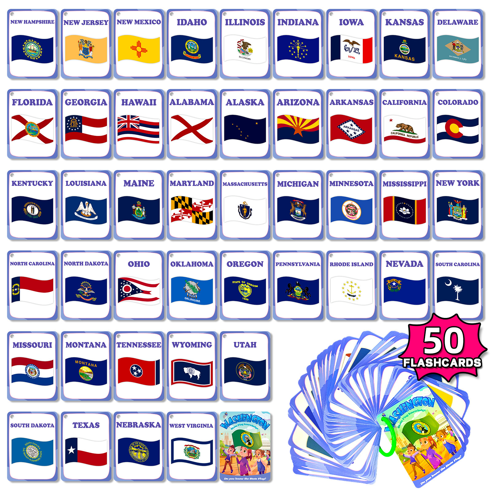 50 U.S. State English Literacy Cards for Cross-border Children's Auditory Training, Early Education Cognitive Flash Cards, Educational Toys