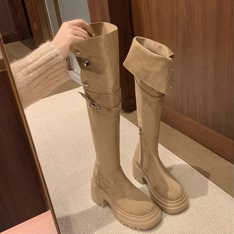 Su Yinyin mismo estilo ~ Otoño e invierno 8cm botas altas de tacón grueso de piel de cordero de suela gruesa botas delgadas elásticas por encima de la rodilla mujeres