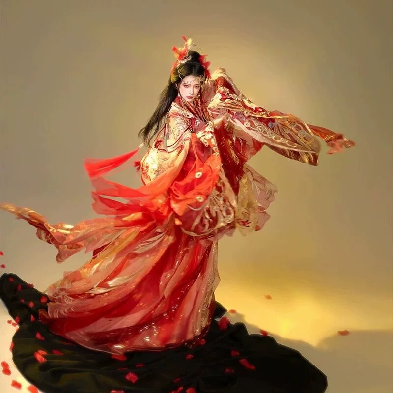 Hanfu for adult women, ethereal and elegant, red and gold contrasting colors, chest-high ru skirt, traditional style, elaborate embroidery, daily modified version for spring and summer Hanfu for adult women, ethereal and elegant, red and gold contrasting colors, chest-high ru skirt, traditional style, elaborate embroidery, daily modified version for spring and summer