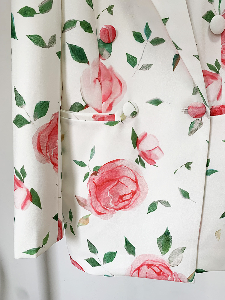 Rose Printed Double Breasted Skirt Set Two Pieces