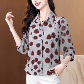 品牌女士中年七分袖上衣夏款桑蚕丝冰爽妈妈衬衫气质宽松大码衬衣