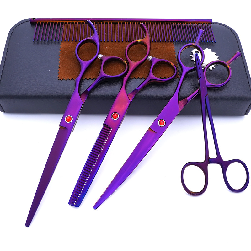Fabricante de juegos de tijeras para mascotas, tijeras de peluquería canina al por mayor de 7 pulgadas, suministros morados para perros.