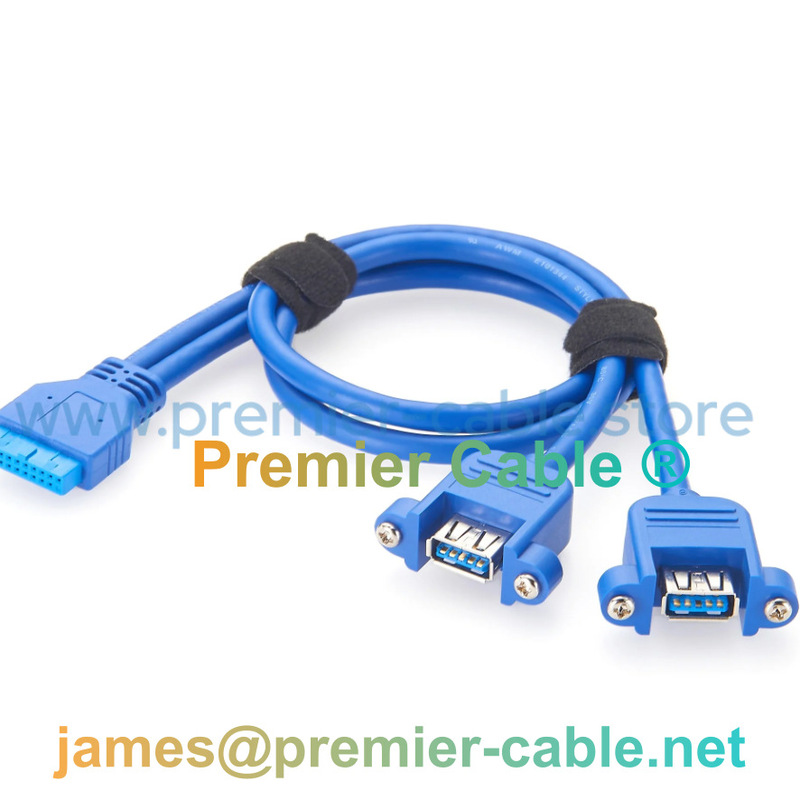 Dual-Port USB 3.0 Panel Mount Extension Cable Usb-A to Motherboard 20Pin Pin Header Connection Cable