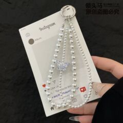 双链蝴蝶水晶手机链创意时尚手机挂件相机钥匙扣挂链包包配饰链条