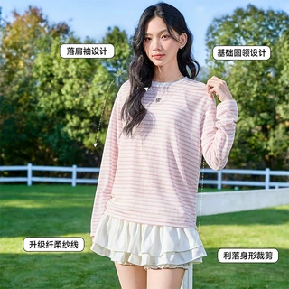 女士雪花棉条纹长袖T恤夏季凉感薄款舒适透气空调衫时尚宽松罩衫