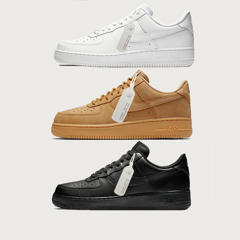 High-quality, authentic Air Force 1 sneakers in pure white, wheat color, and black, available for both men and women High-quality, authentic Air Force 1 sneakers in pure white, wheat color, and black, available for both men and women