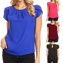 跨境2023亚马逊速卖通新款雪纺纯色短袖圆领休闲衬衣短袖上衣