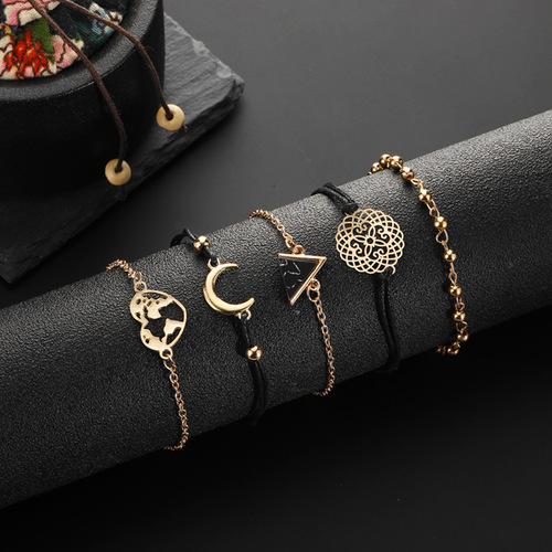 Factory-direct cross-border bracelet set: 5-piece ensemble featuring European and American-style triangular black turquoise alloy moon bracelets.