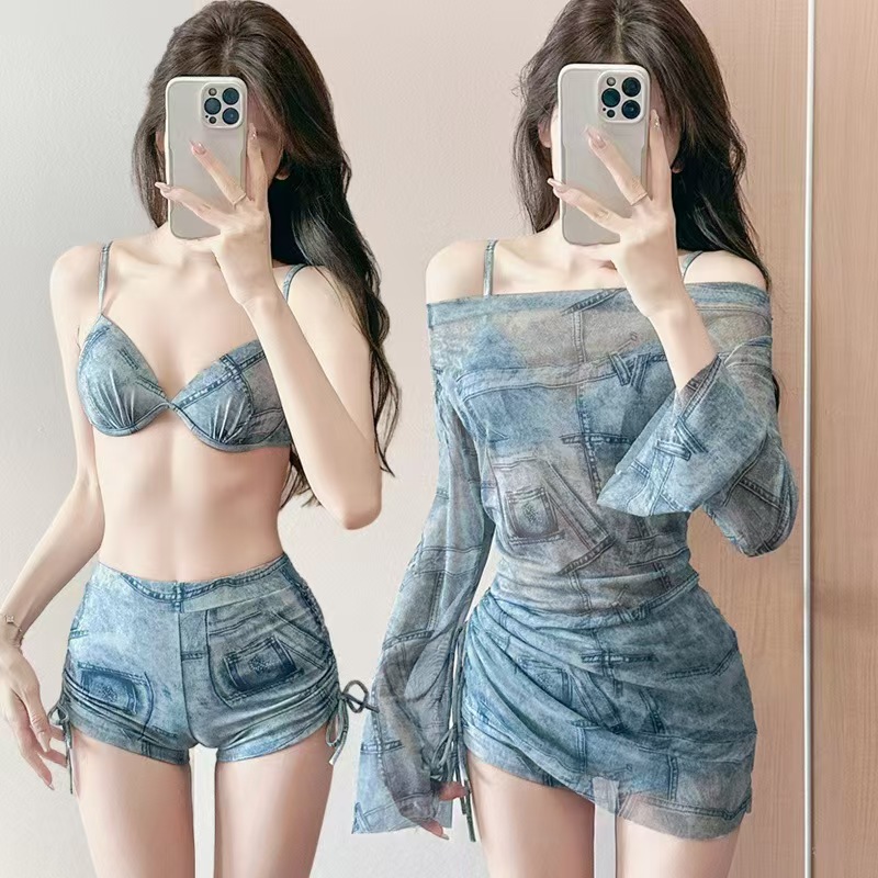Women's Two-Piece Swimsuit with Denim Print, Push-Up Bikini, Tie-Up Skirt, Sheer Cover-Up, Pure Desire Style Swimwear