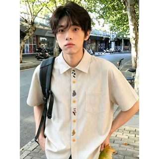 2026夏季新款趣味猫咪刺绣条纹衬衫男女慵懒风简约休闲情侣短袖潮