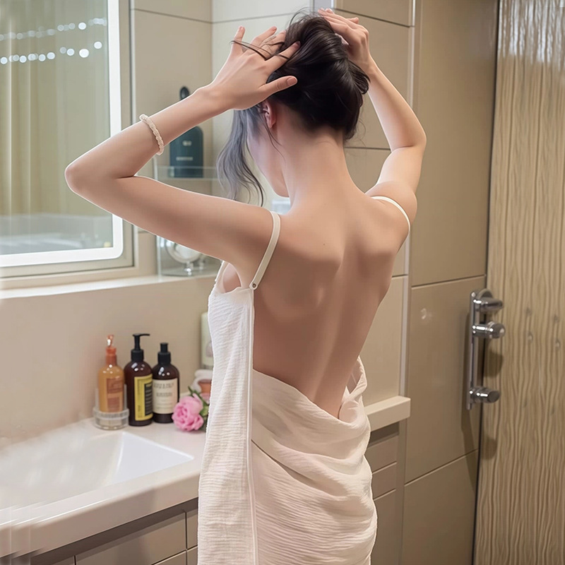 純綿しわ綿ガーゼパジャマ女性の夏と秋 2025 新しいハイエンドウェアラブルサスペンダーバスタオルバススカートバックレス夏|undefined