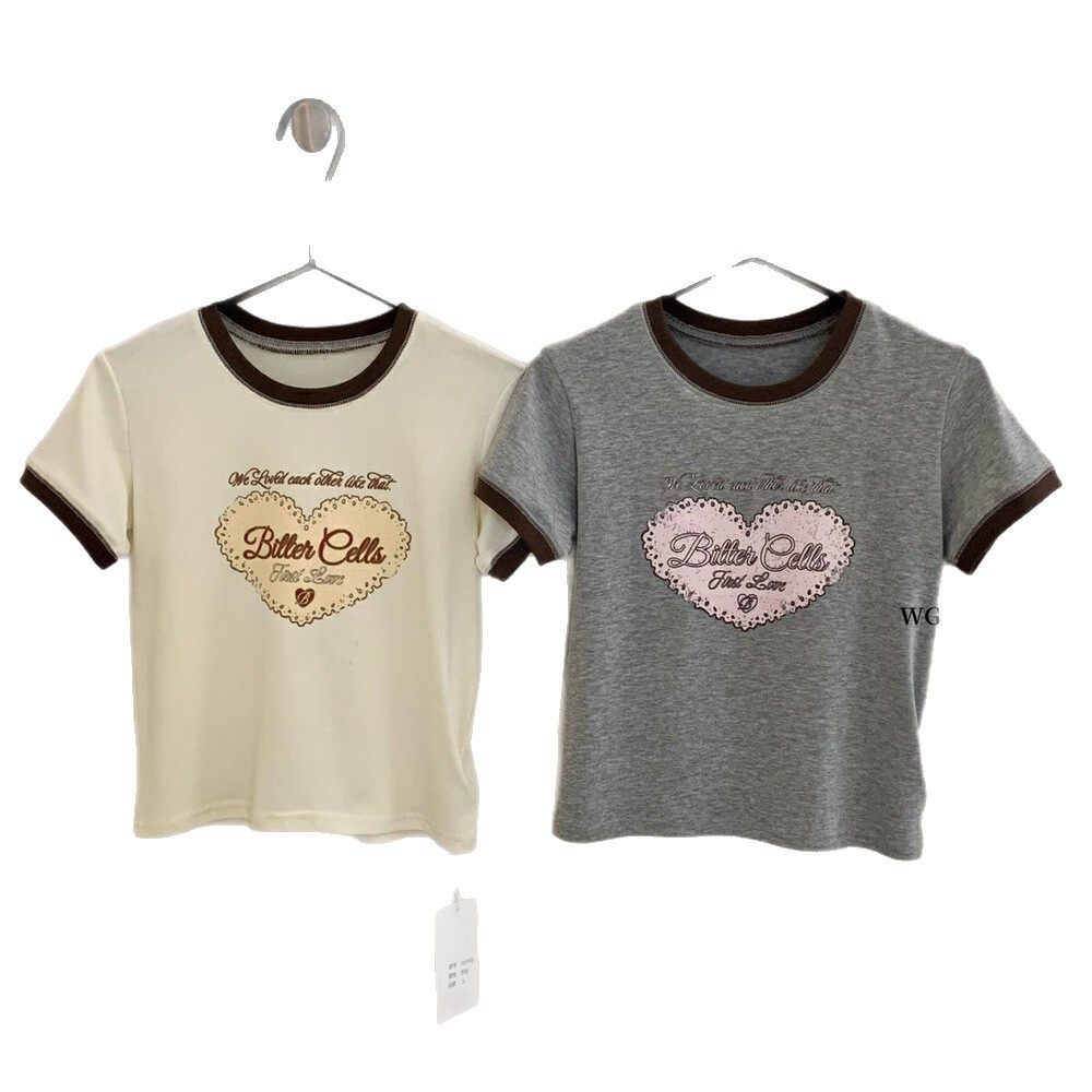 WGWE 夏韓国ブロガー同風万能トップス、スタイリッシュでスリムなプリントラブラウンドネック半袖Tシャツ W5993