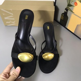 ZA Spain 2025 Summer New Arrival High Heeled Women's Shoes Black Metal Detail Decorative Round-toe Thin Heeled Sandals Women