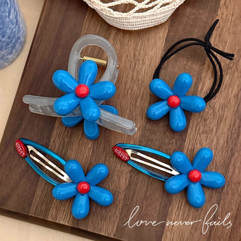 韩系蓝色花朵抓夹发绳发夹少女心后脑勺盘发头饰半扎发鲨鱼夹批发|undefined