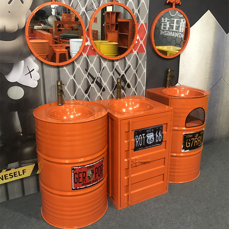 Vintage wash basin antique creative industrial style container oil drum old iron wash basin wash basin combination