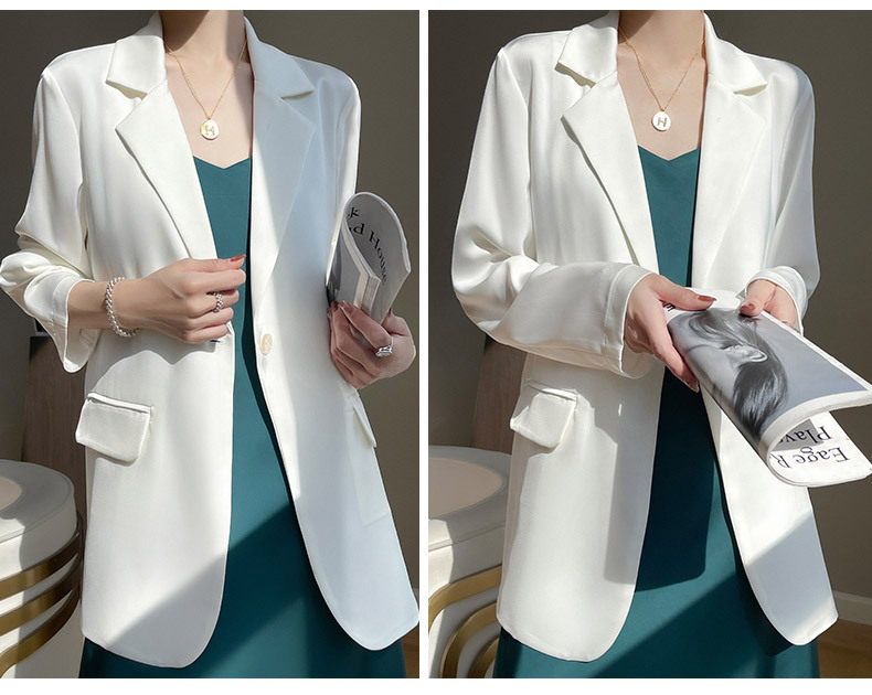 ng2510292 French-style White Blazer For Women, Summer Loose-fitting Thin Silk Satin One-button Casual Suit Jacket_ecoleips.com