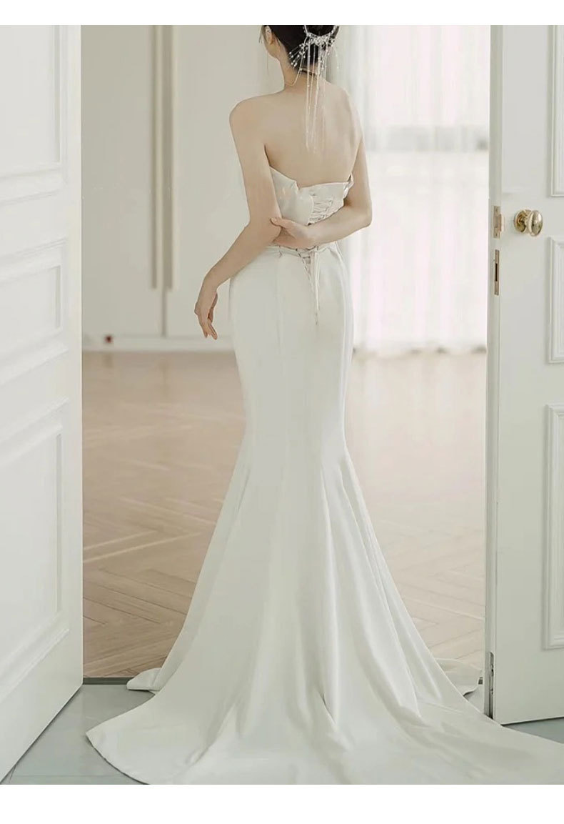 Mermaid Style Light Wedding Dress Satin Strapless Bridal Gown With Short Train Elegant Forest Style Slimming Evening Gown_ecoleips.com