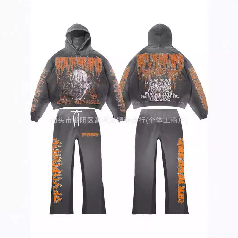 2024 American men's printing oversized street cotton sweater manufacturers high quality straight leg bag sweater sports pants suit