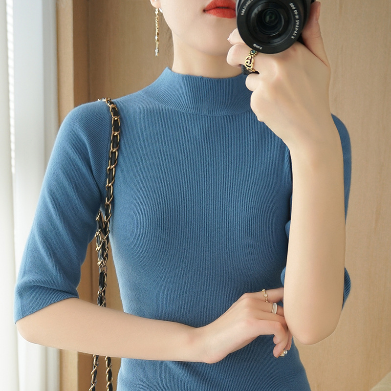 Base Shirt Women's 21 Spring and Summer Half Sleeve Knitted Shirt Slim-fit Inner Wool Sweater Half-high Collar Top Mid-sleeve Short