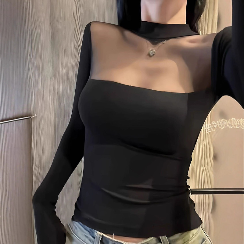 Pure Desire Sexy Hot Girl Spliced See-Through Mesh Long-Sleeved Top Women's Spring Design with Breast Pad Inner Bottoming Shirt Pure Desire Sexy Hot Girl Spliced See-Through Mesh Long-Sleeved Top Women's Spring Design with Breast Pad Inner Bottoming Shirt