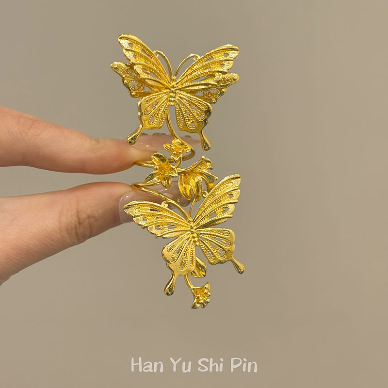 蝶舞指尖跨境新款高级感金色蝴蝶戒指时尚甜美创意设计花朵食指戒