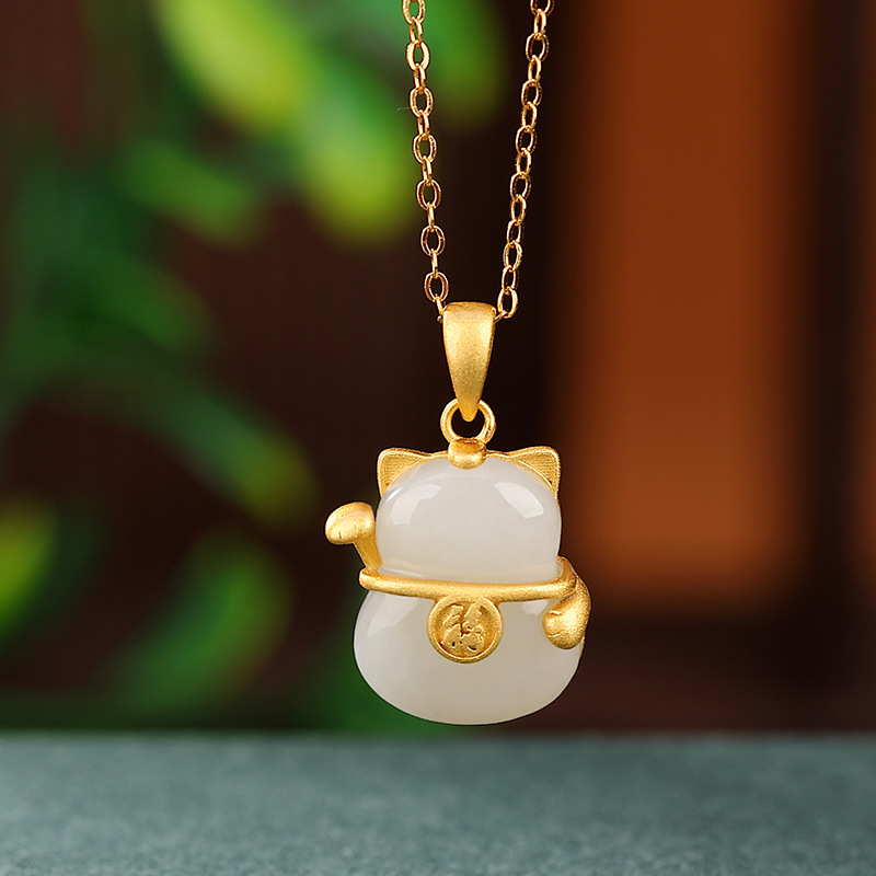 Mặt dây chuyền bạc S925 mạ vàng ngọc bích Hòa Điền hình chữ Phúc mèo may mắn phong cách Trung Hoa — Kiểu mạ vàng (Mặt dây chuyền đơn không có dây chuyền)