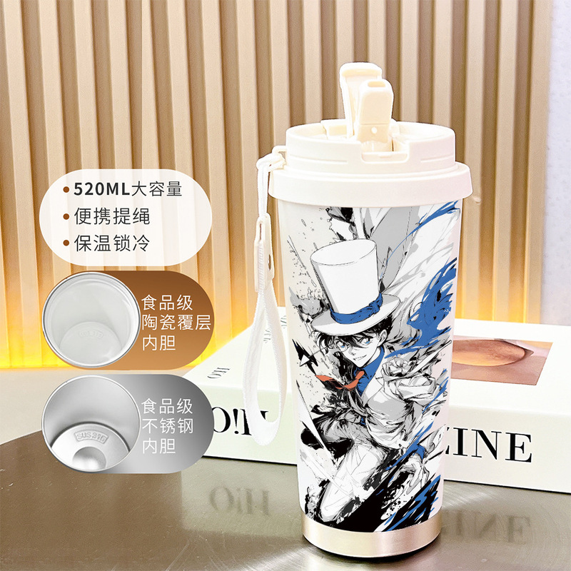 新款名侦探柯南保温吸管水杯大容量高颜值随身杯不锈钢双饮咖啡杯|undefined