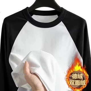德绒长袖T恤男春秋季韩版潮流撞色拼接冬季保暖双面绒打底上衣服