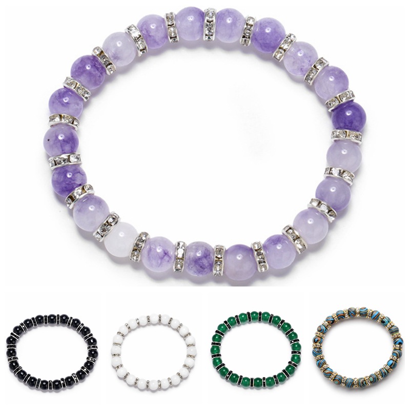 Pulsera de cuentas de ágata púrpura natural transfronteriza europea y americana Pulsera de cuentas de anillo de diamantes blancos de porcelana de pavo real para hombres y mujeres