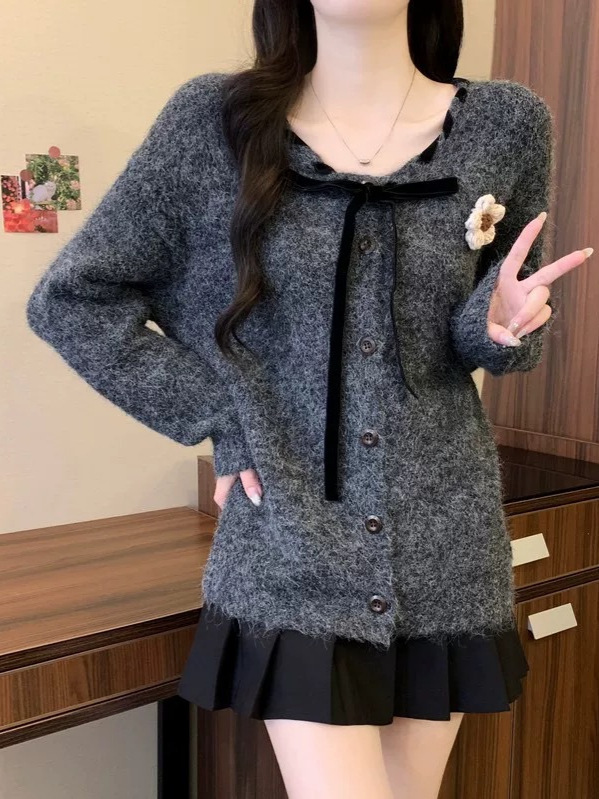 2025秋冬新款系带蝴蝶结毛衣外套女宽松软糯甜美立体花朵针织开衫|undefined