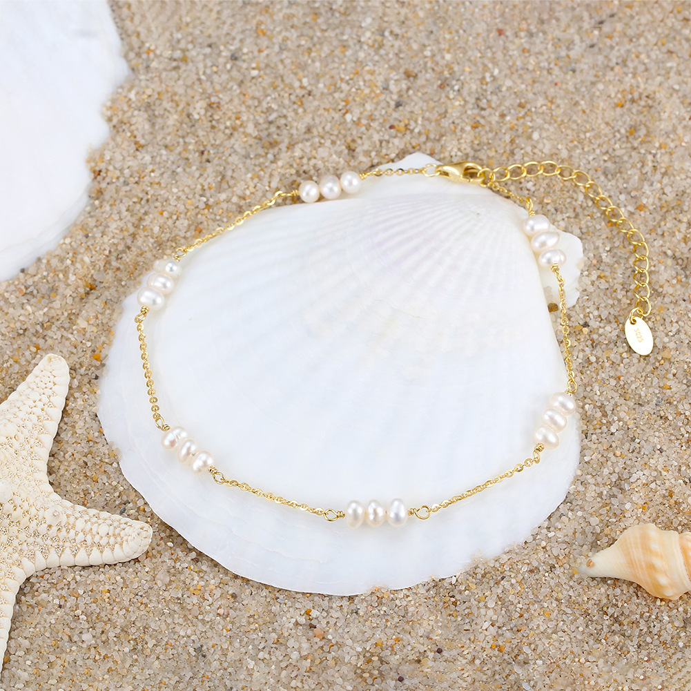 7g Weight 0.03µm Gold Plating Thickness Wholesale Jewelry Simple Style Solid Color 925 Sterling Silver Freshwater Pearl Beaded Anklet