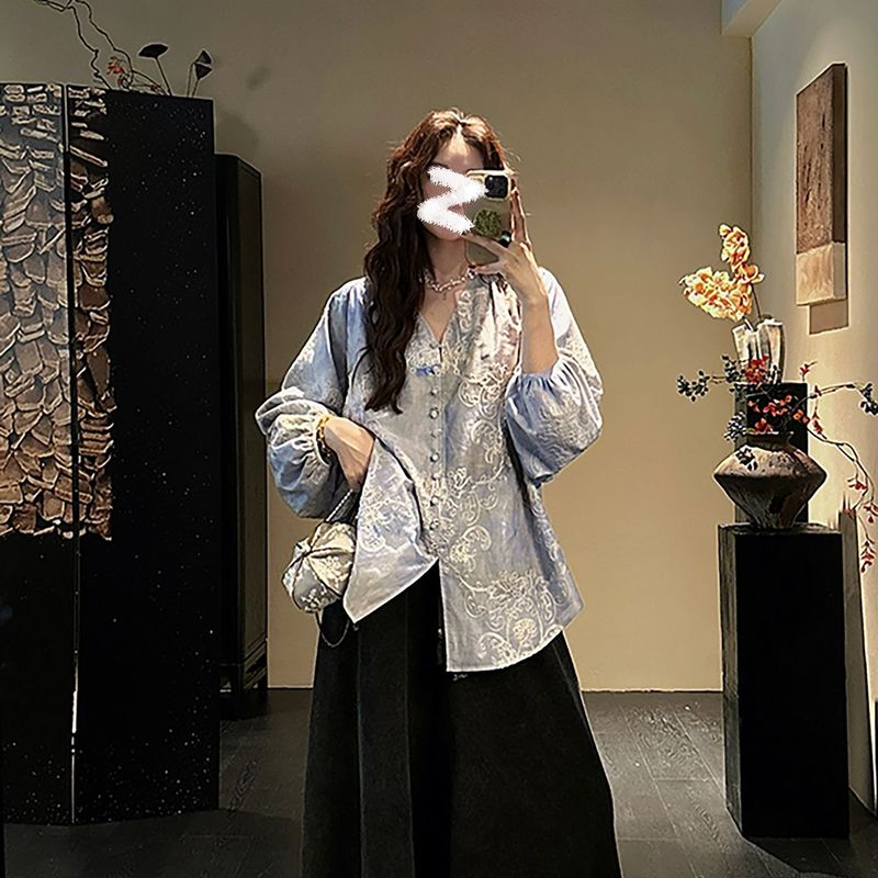秋季新中式国风灯笼袖刺绣晕染印花衬衫女气质高定小众上衣 N9035|undefined