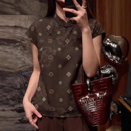 复古国风立领印花短袖上衣女2026年夏季新款时尚气质大码显瘦内搭