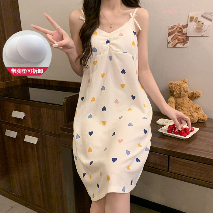 2024 verano con cojín de pecho espuma vestido de dormir mujer dulce vestido de suspensión estudiantes lindos dibujos animados ropa de casa de mujer al por mayor