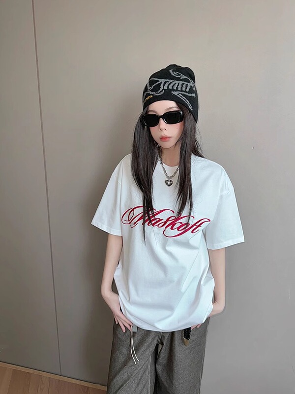 アメリカンナショナルトレンド2025夏新作半袖Tシャツレディースレトロプリントラウンドネックルーズスリムカップルボトリングシャツ|undefined